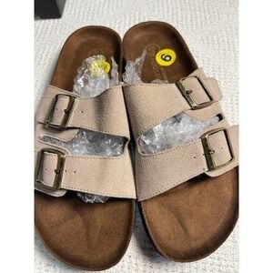 Blue Mountain Footbeds Women Size 9 Beige Suede Double Strap Buckle Sandals NEW